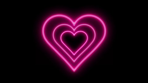 Animated Radial Concentric Beating Heart Icon with Pink Neon Light Effect Isolated on Black Background. Valentines day design element. Glowing neon heart