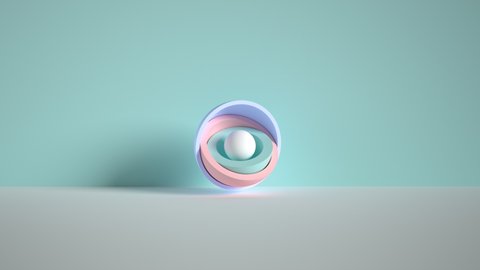 3d minimal motion design, ball hidden inside colorful hemispheres, layers opening. Simple geometric objects, primitive shapes isolated on blue background. Live image, modern animated poster