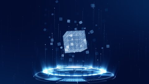 Motion graphic of Blue digital cube with futuristic circle rotation and cube icon levitation on abstract background technology and metaverse concept