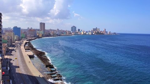 Scenic Havana skyline panorama of El Malecon, a broad landmark esplanade that stretches for 8 km along the coast in Havana past major city tourist attractions.
