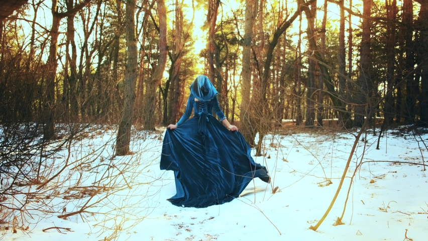 Fantasy woman runs in winter forest. Princess girl. Blue long vintage dress fabric waving, hood on head. back rear view silhouette wanderer stroll along path. Nature pine tree snow sun divine light | Shutterstock HD Video #1086635882