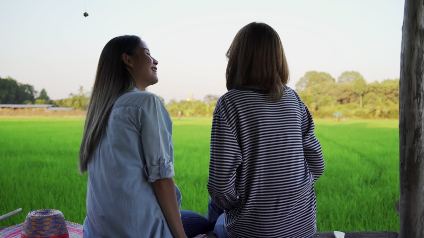 Handheld Shot : Two young farmers working in a paddy field. 
