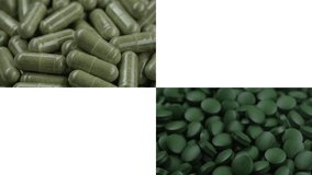 Superfood moringa, chlorella or spirulina in capsules and pills, rotating. Place for text. 4K UHD video