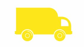 Animated icon of delivery car. Yellow  truck rides. Concept of delivery, moving, logistic, trucking, shipping. Looped video. Vector illustration isolated on white background.