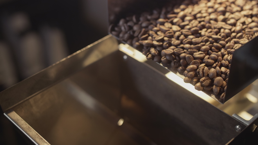 Roasted coffee beans fall out of the chiller. Arabica beans are poured and rotated. Industrial roasting and production, coffee industry. Close-up, brown grains fall down to be filled into packages. Royalty-Free Stock Footage #1086655049