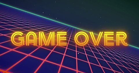 Animation of game over text with shapes over black backround. retro communication and video game concept digitally generated video.