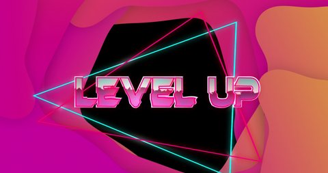 Animation of level up text with shapes over black backround. retro communication and video game concept digitally generated video.