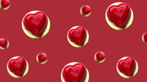 Animated Modern mousse cake.Heart shape cake covered with red chocolate glaze on red color background. High quality 4k footage.Concept for Wedding , St. Valentine's Day, Mother's Day, Birthday Cake. 