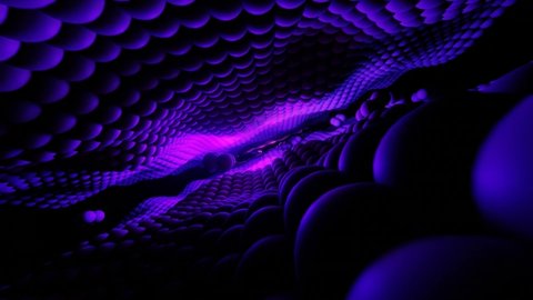 Virtual space with depth of field. Digital technologic tunnels. Abstract 3D looping animation. Movement through tunnel of balls. 3D animation. 4K UHD