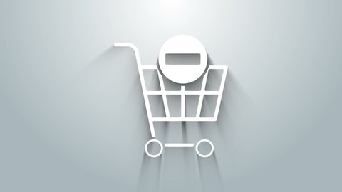 White Remove shopping cart icon isolated on grey background. Online buying concept. Delivery service. Supermarket basket and X mark. 4K Video motion graphic animation.