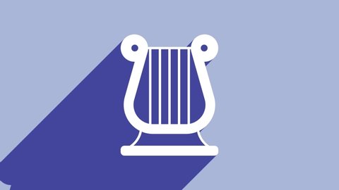 White Ancient Greek lyre icon isolated on purple background. Classical music instrument, orhestra string acoustic element. 4K Video motion graphic animation.