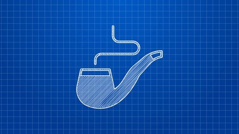 White line Smoking pipe with smoke icon isolated on blue background. Tobacco pipe. 4K Video motion graphic animation.