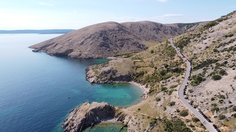 Oprna Bay, Krk Island, Croatia - Aerial Drone View of Hidden Beaches, Mountains and Blue Sea