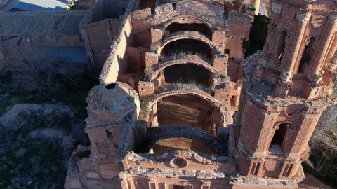 Aerial view of a church bombed and destroyed during the Spanish Civil War in Belchite, Zaragoza (Spain).
