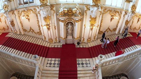 Saint Petersburg, Russia, May 11, 2021. Winter Palace in St. Petersburg, interior of the Hermitage Museum. Jordan staircase. Numerous tourists start their sightseeing from the Jordan Stairs.