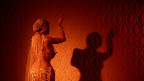 amazing belly dancer is moving in darkness in harem of sultan in palace, traditional  dance