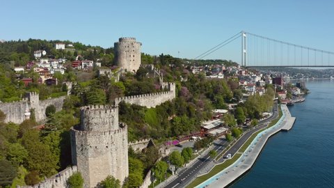 Stunning aerial close up of Rumeli Fortress  with the view of Fatih Sultan Mehmet FSM Bridge during the lockdown