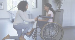 Animation of network of connections over african american mother and daughter in wheelchair. global medicine, disability, healthcare and technology concept digitally generated video.