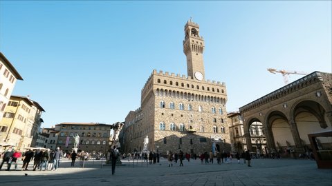 Florence, Italy. January 2022. A time lapse view of Palazzo Vecchio in the city center	