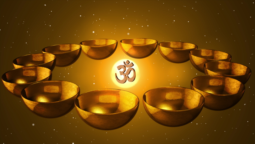 Animation of tibetan golden bowl and omm simbol symbol Royalty-Free Stock Footage #1086689888
