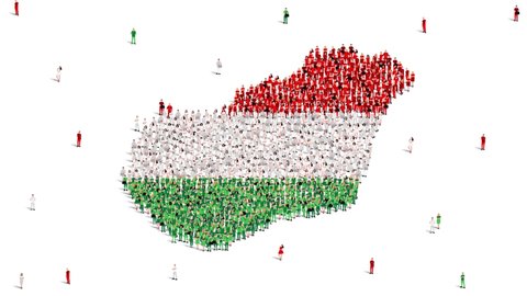 Hungary Map and Flag. A large group of people in the Hungarian flag color form to create the map. 4K Animation Video.