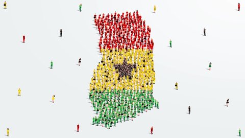 Ghana Map and Flag. A large group of people in the Ghana flag color form to create the map. 4K Animation Video.