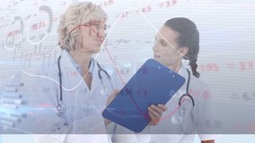 Animation of financial data processing over caucasian female doctors. global medicine, healthcare and technology concept digitally generated video.