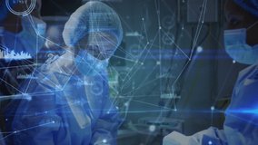 Animation of network of connections and data processing over diverse surgeons. global medicine, healthcare and technology concept digitally generated video.