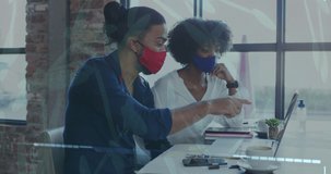 Animation of growing numbers and virus cells over diverse business people wearing face masks. global medicine, healthcare and technology during covid 19 pandemic concept digitally generated video.