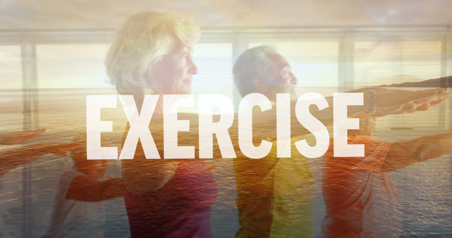 Animation of sea over senior diverse people exercising. global health, fitness and data processing concept digitally generated video.