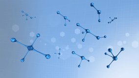 Animation of molecules over blue background. global science, medicine and data processing concept digitally generated video.
