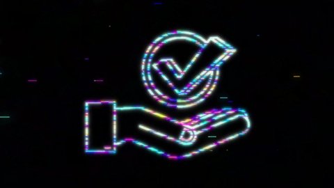 Glitch Check mark hanging over hands. Green approved star sticker. motion graphic