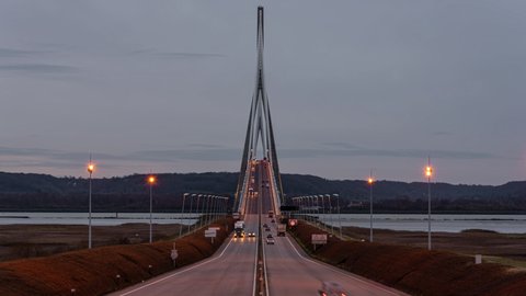 Time Lapse of traffic at Pont de Normandie, the bridge crossing river Seine near Le Havre in France