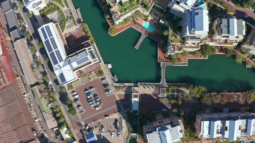 Top down aerial shot looking directly on the geometric lines of the marina canals in Cape Town South Africa