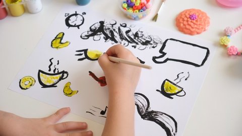 Child coloring funny sketch picture, relaxing and happy. Artist paints, creativity vacation 