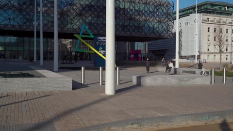 BIRMINGHAM, UK - 2022: Establishing shot of the Birmingham 2022 commonwealth games sign in the city centre