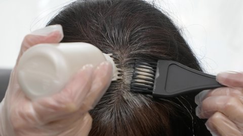 Hair coloring at home. Middle age woman dyeing hair using black brush. Woman colouring her dark hair with regrown gray roots