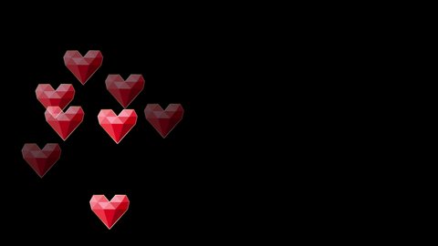 Love heart emojis flying up to the top of the screen. Animated Geometrical polygonal hearts with gold frame design. modern style hearts animation Isolated on black background Valentine's Day Element