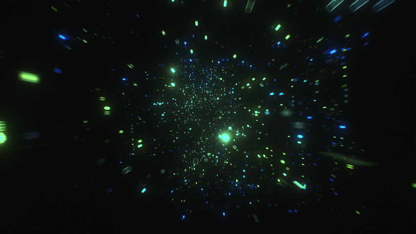 Flying movement at digital space sci fi tunnel with green blue neon big data hi tech information flow blockchain 3d animation cubes and spheres at dark dynamic computing metaverse motion design Royalty-Free Stock Footage #1086715034