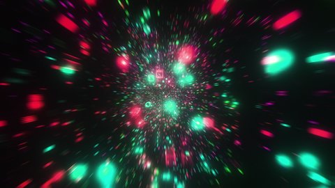 Speed reverse movement digital cyberspace big data information technology ai computing multicolored dust 3d animation fast fly science fiction illumination dark tunnel with circulation datum endless