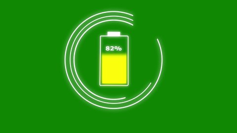 Battery icon charge with percentages and spinning loading circles around, green screen VFX animation