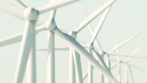 Close up of Windmills Farm. Large wind turbines with blades. Alternative energy. 3d animation