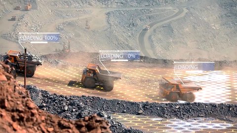 Three mining dump trucks in an iron ore open pit with infographics showing their fullness. Loaded 100 percent. Visualization of a modern quarry. Iron ore mining