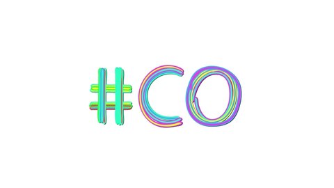 Hashtag #CO. Animated text from color curved lines like from marker, oil paint. Isolate on white background. #CO is abbreviation for the US American state Colorado for social network, mobile apps, gam
