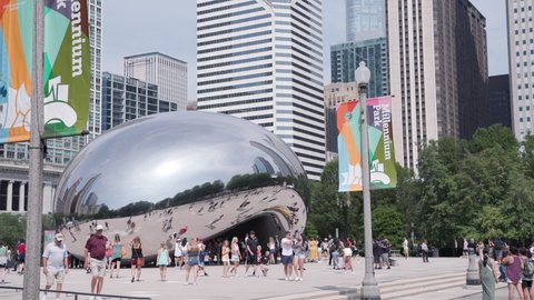 CHICAGO, IL - AUGUST 27 : Millennium Park summer exterior establishing Chicago, Illinois on August 27, 2021.
