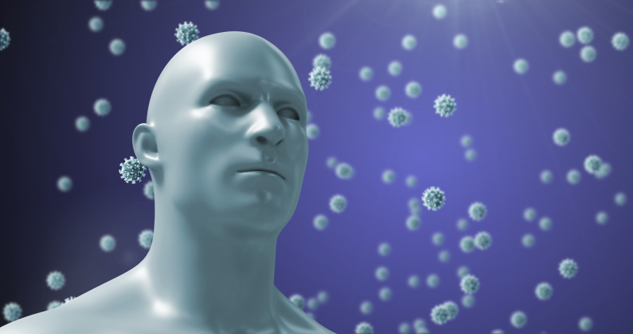 Animation of virus cells floating over human head on blue background. global medicine during covid 19 pandemic concept digitally generated video.