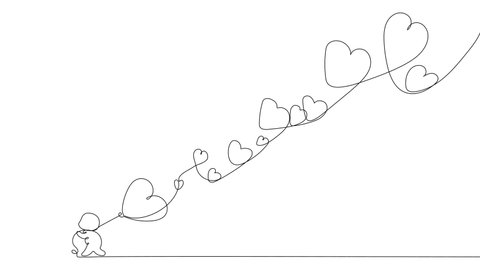 Continuous one line drawing of romantic creative composition. Happy Valentine's Day. Festive decorative objects, heart shaped balloons and cute cupid as symbol Valentine's Day. Outline minimal concept
