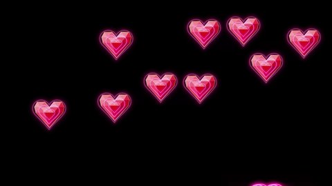 Love heart emojis flying up to the top of the screen. Animated Geometrical polygonal hearts with Neon Light design. modern style hearts animation Isolated on black background Valentine's Day Element