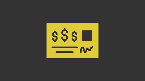 Yellow Blank template of the bank check and pen icon isolated on grey background. Checkbook cheque page with empty fields to fill. 4K Video motion graphic animation.