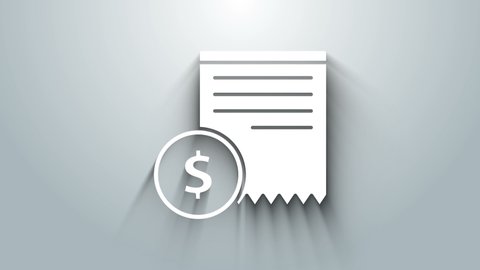 White Paper check and financial check icon isolated on grey background. Paper print check, shop receipt or bill. 4K Video motion graphic animation.